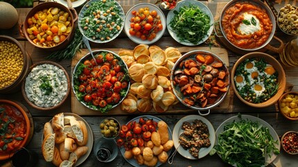 Fototapeta premium A vibrant spread of homemade dishes featuring fresh vegetables, grains, and baked goods on a rustic wooden table during a sunny afternoon