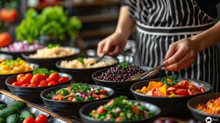 Obraz premium Chef preparing a colorful variety of fresh salads with vegetables and grains in a vibrant market setting during the day