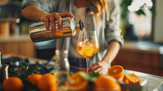 A beautiful young woman mixing soda from a can into wine glasses to make a cocktail drink in the kitchen for a large group of people at her home.