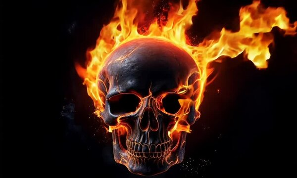 burning skull on black background