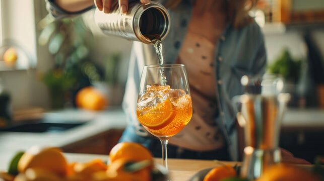 A beautiful young woman mixing soda from a can into wine glasses to make a cocktail drink in the kitchen for a large group of people at her home.