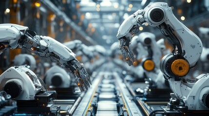 Fototapeta premium A fully automated production line with robotic arms working in synchronization, illustrating the future of manufacturing.