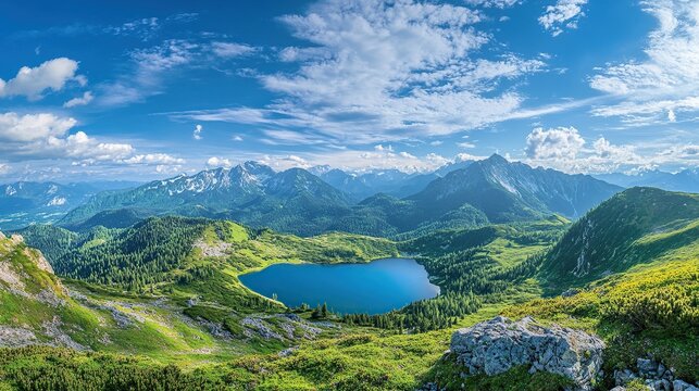 Summer mountain view with a tranquil blue lake, lush greenery, and a pristine sky dotted with light clouds, wide-angle shot