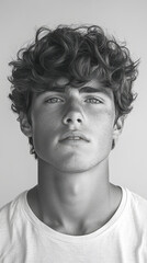 Black and White Portrait of Thoughtful Young Man with Curly Hair in White T-Shirt, Studio Shot, Expressive Eyes, Serious Gaze, Minimalistic Background