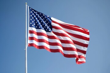 Obraz premium American flag waving against clear blue sky.