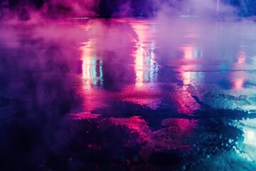 Obraz premium Wet pavement with colorful neon lights reflection and mist in the air.