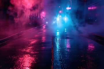 Empty street with neon lights and misty atmosphere at night.