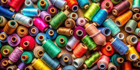 Top view of colorful spools of thread in various sizes and textures, sewing, crafting, textiles, threads