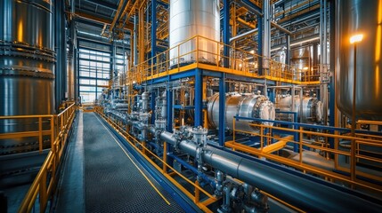 Fototapeta premium A large-scale chemical production facility in progress, with reactors, pipes and heavy machinery driving the process