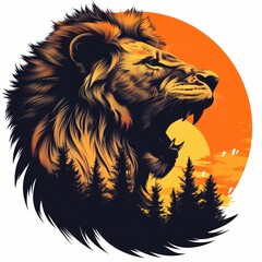 Roaring Lion Silhouette Against Sunset with Forest Background
