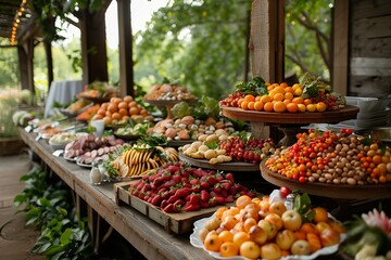 Obraz premium Abundant Display of Fresh Fruits and Vegetables at Outdoor Market Event in Late Afternoon Sunlight