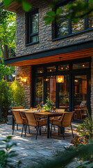 Obraz premium Cozy Patio Area with Dining Table and Chairs in a Lush Garden Setting for Relaxed Outdoor Entertaining at Dusk