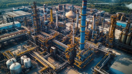 A large chemical manufacturing plant with a complex system of machinery, reactors and industrial equipment