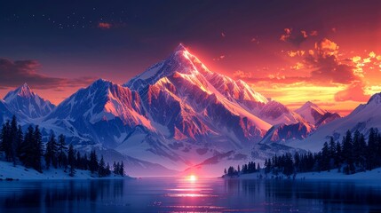 Majestic Mountain Peak Reflecting in a Still Lake at Sunset