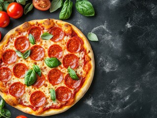 Pepperoni Pizza with Basil and Tomatoes