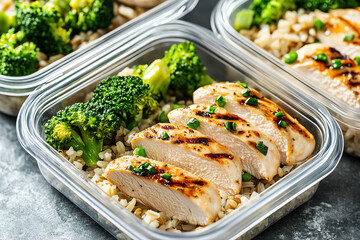 Healthy meal prep containers with grilled chicken, brown rice, and broccoli.