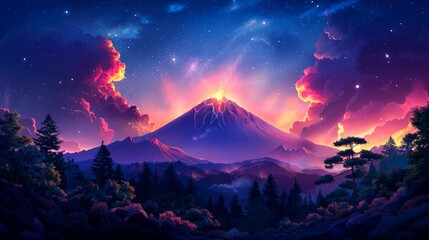A Majestic Mountain Range Under a Starry Sky with Pink Clouds