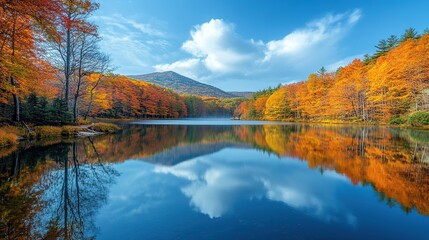 Fototapeta premium Clear mountain lake with vibrant autumn foliage reflected in the still water, capturing the vivid colors of fall and the calmness of nature.