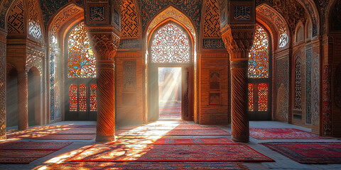 Obraz premium An Islamic mosque interior with ornate arches, generative AI