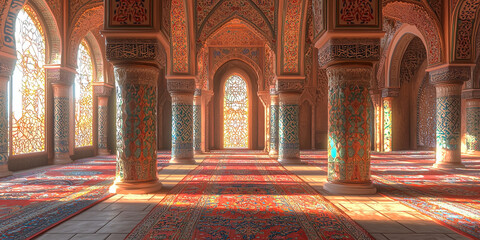 Obraz premium An Islamic mosque interior with ornate arches, generative AI