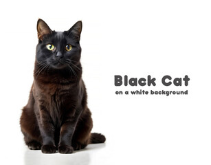 A black cat sits on a white background, looking carefully forwar