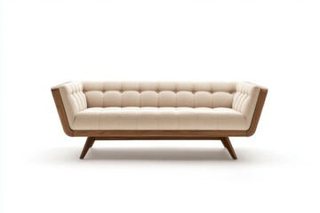 A white couch with wooden legs and a brown cushion