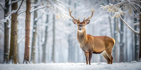 Fototapeta premium Deer standing in a snow-covered winter forest, deer, wildlife, nature, winter, snow, forest, cold, woods, white, landscape