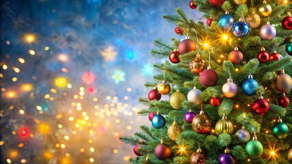 A decorated Christmas tree with colorful ornaments and twinkling lights, festive, holiday, pine, evergreen