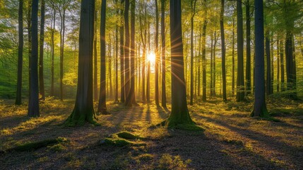 Obraz premium Sunbeams Illuminating a Dense Forest Floor