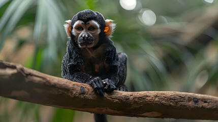 Amazon White-faced Saki Monkey sitting on a branch, its distinctive face and fur pattern visible
