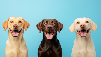 Three Labrador Retrievers Smiling on Blue Background