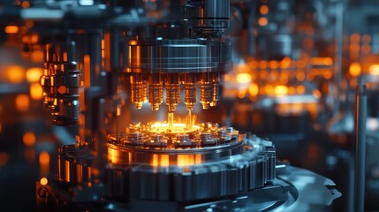 Fototapeta premium An assembly line in motion, capturing the intricate steps of a manufacturing process in a high-tech environment.
