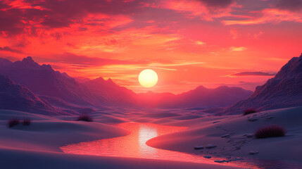 Futuristic Desert Sunset with Surreal Dunes and Silhouetted Mountains, Sci-Fi Aesthetic Landscape, Serene Alien Terrain with Vibrant Sky and Ethereal Light, Dreamlike Horizons and Tranquil Scenes