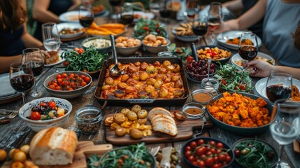 Obraz premium Gathering for a festive meal with a variety of dishes, wine, and friends at an outdoor table during sunset