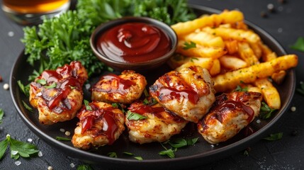 Grilled chicken with barbecue sauce, crispy fries, and fresh parsley served on a black plate