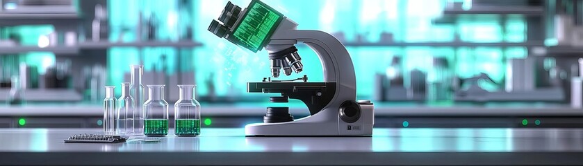 Lab microscope, holographic data overlay, sleek modern laboratory, vibrant green and blue hues, advanced research equipment