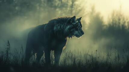 Naklejka premium A powerful dark wolf stands in a misty forest clearing during a moody dawn, surrounded by dense fog and silhouetted trees.