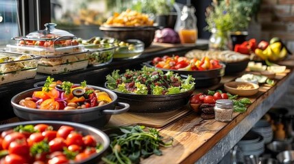 Fototapeta premium Colorful array of fresh salads and dishes displayed on a wooden table at a vibrant café