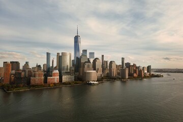 New York city Manhattan skyline from New Jersey. Manhattan over the Hudson river. NYC cityscape, aerial view. Manhattan downtown skyline with urban skyscrapers. New York Manhattan from above.