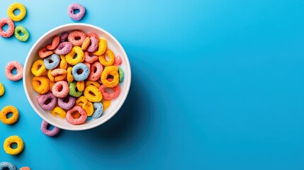 A bowl of colorful cereal is on a blue background