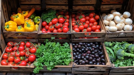 Fresh vegetables and herbs displayed in wooden crates at a farmers market