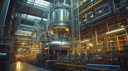 Fototapeta premium Intricate details of chemical production in a large industrial plant with machinery and reactors operating.