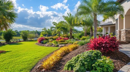 Obraz premium Lush Tropical Landscape with Palm Trees and Colorful Foliage