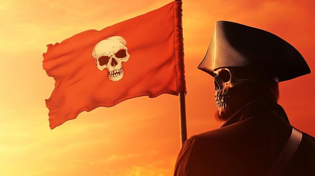 Pirate captain raising cursed flag, haunted crew in background, 3D illustration