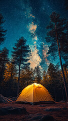 Nighttime Forest Camping Under Milky Way Galaxy, Glowing Tent Amidst Tall Trees and Starry Sky, Tranquil Outdoors Adventure, Stargazing Amid Wilderness, Peaceful Nature Escape Photography