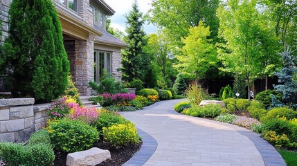 Fototapeta premium Stone House with a Winding Path and Lush Landscaping