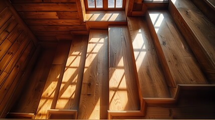 Fototapeta premium Sunlight Streaming Through Window Highlights Wooden Staircase in Cozy Cabin During Morning Hours
