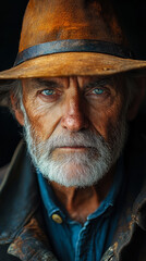 Elderly Man in Rustic Hat with Weathered Face and Intense Gaze - Capturing the Wisdom and Experience of Age