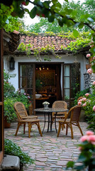 Obraz premium Charming Rustic Patio with Wicker Chairs and Table Surrounded by Lush Greenery and Flowers, Cozy Outdoor Setting for Relaxation in Serene Garden Landscape, Peaceful Courtyard with Vintage Aesthetic