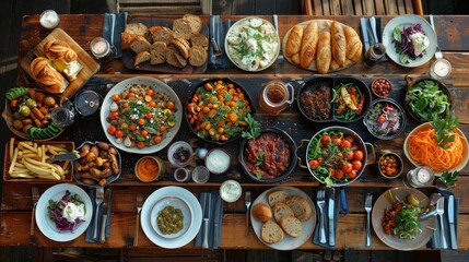 Fototapeta premium A feast featuring diverse dishes including salads, breads, and desserts arranged on a rustic wooden table